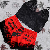 Get ready to turn up the heat with Wonder Skull Women's Lace Pajama Set, Funny Print Lingerie Sleepwear - Spicy & Sassy Red Lace Lingerie Set. Featuring an eye-catching "Lick It" print and a flirty lace trim, this set is perfect for those who love to add a touch of bold humor to their nightwear. Whether you’re lounging at home or feeling playful, this funny lingerie set is bound to make you feel confident and comfortable!